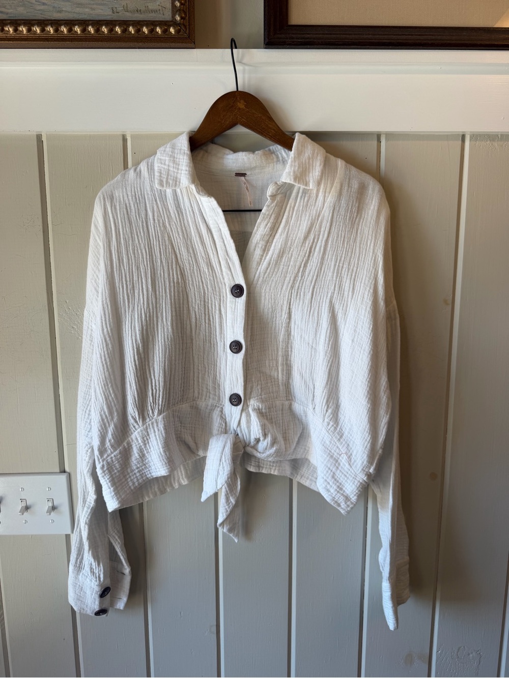 Free People White Tie-Front Button Down Shirt, Size Small